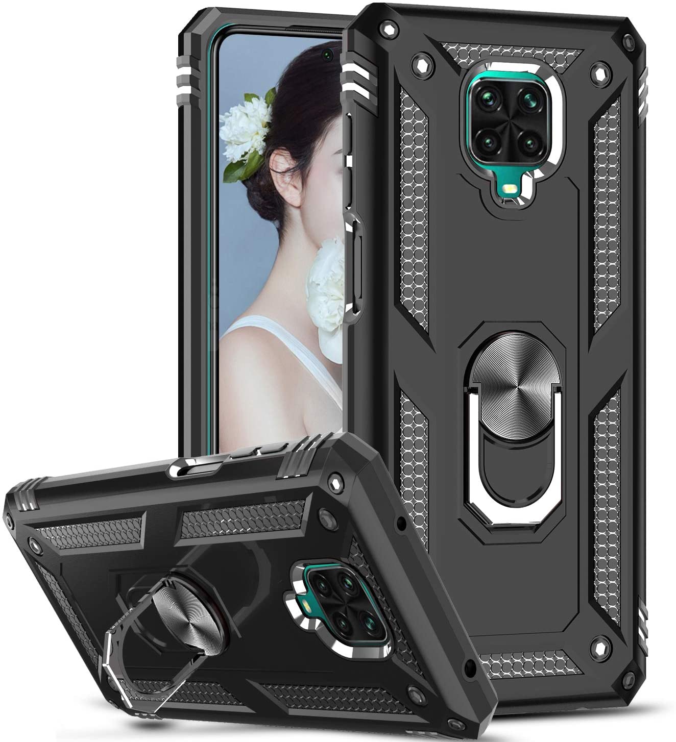 Protectores para celular  para Xiaomi  Redmi Note 9s / 9 Pro Funda reforzada con anillo v2 Negro